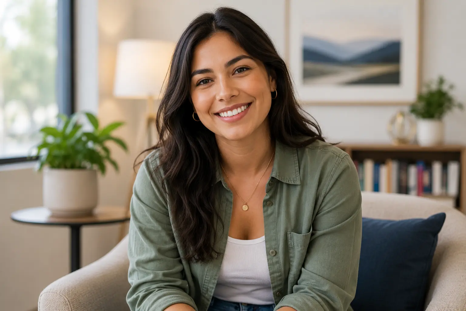 A smiling woman seated in a warm, comfortable counseling room