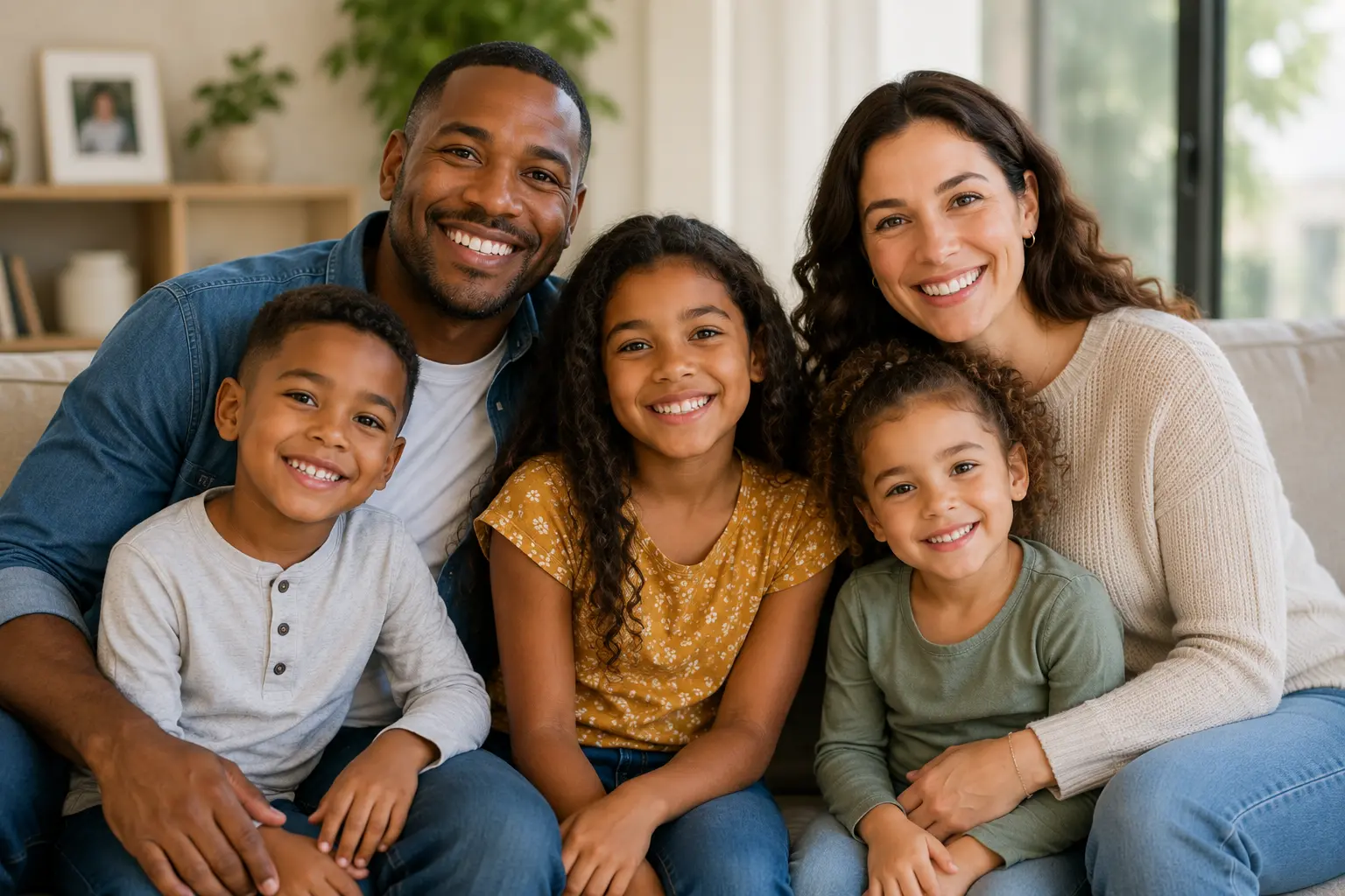 A smiling family of five sitting together on a couch