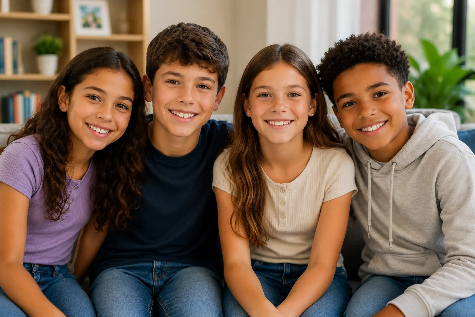 Four smiling pre-teens sitting together on a couch