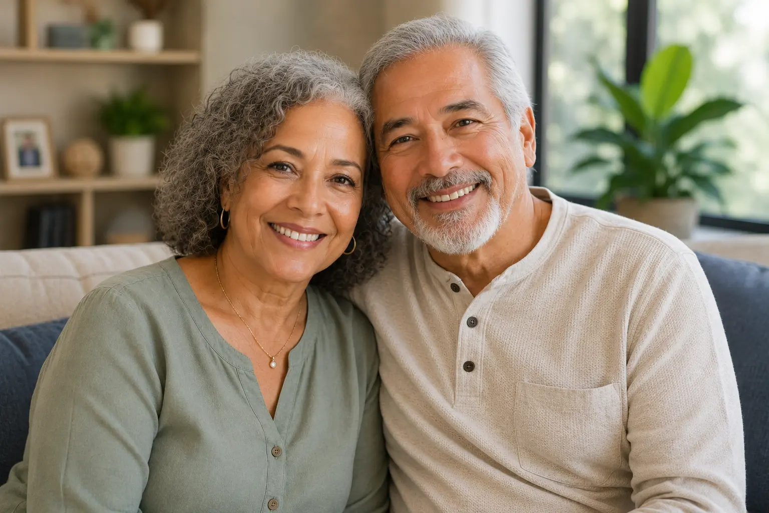 A smiling older couple sitting together in a bright living room