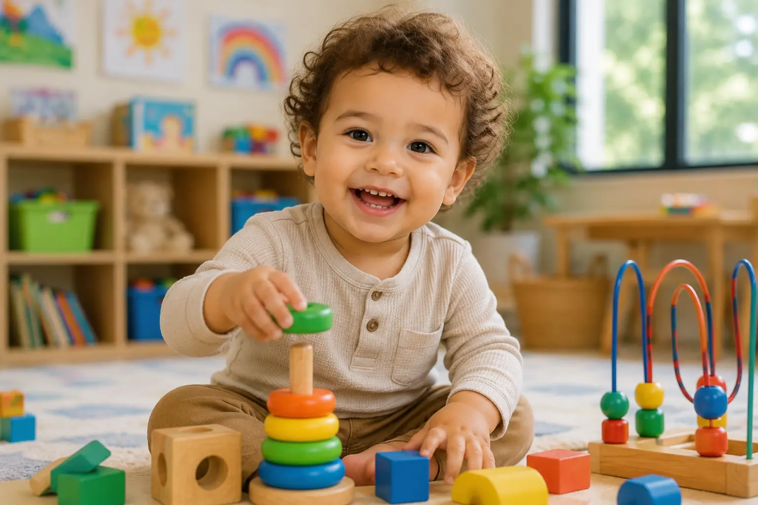 A smiling toddler playing with colorful wooden toys