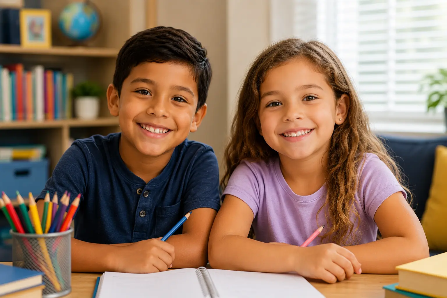 Two smiling school-age children drawing at a table