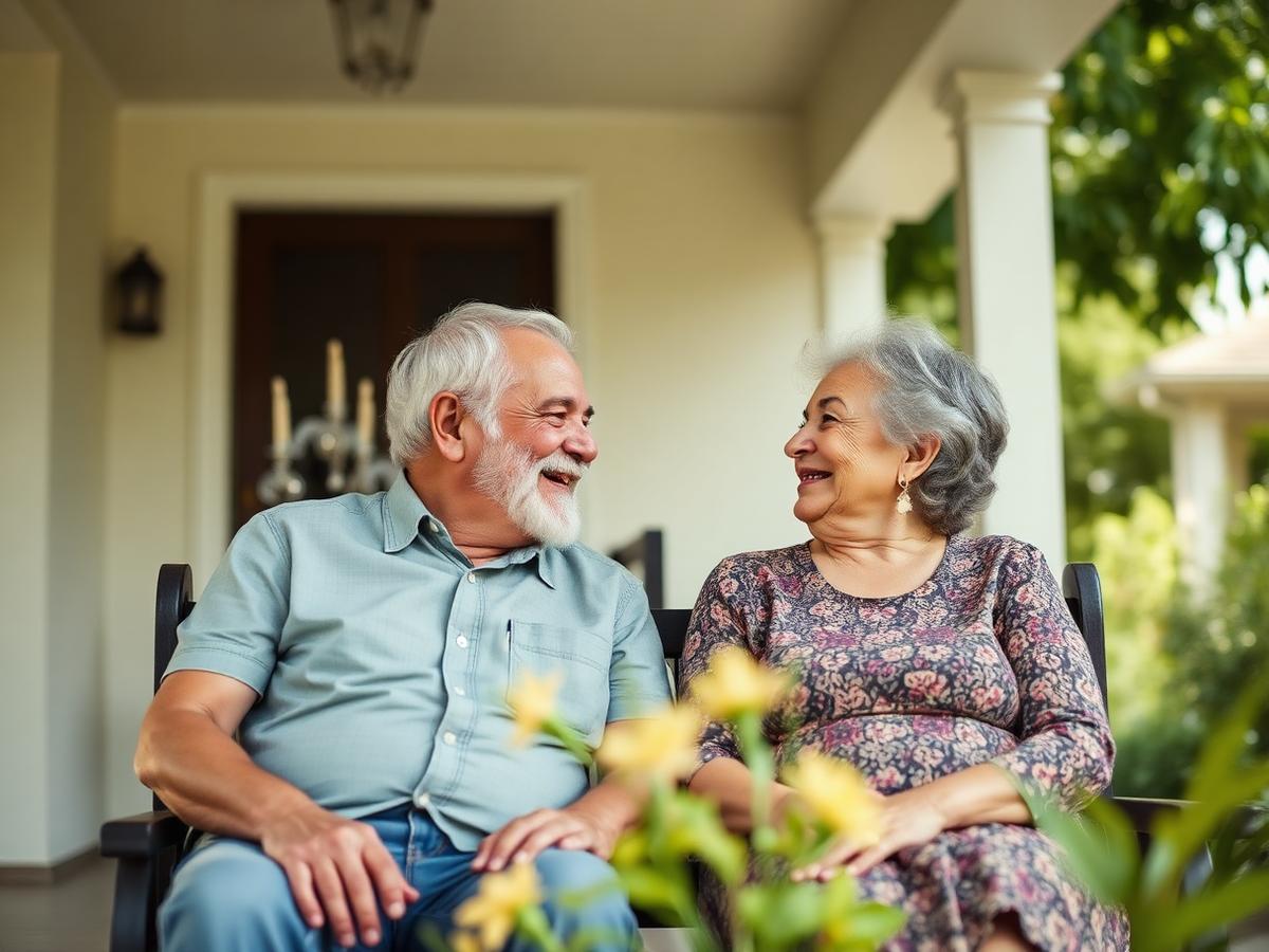 An older couple sitting together on a porch, talking and smiling