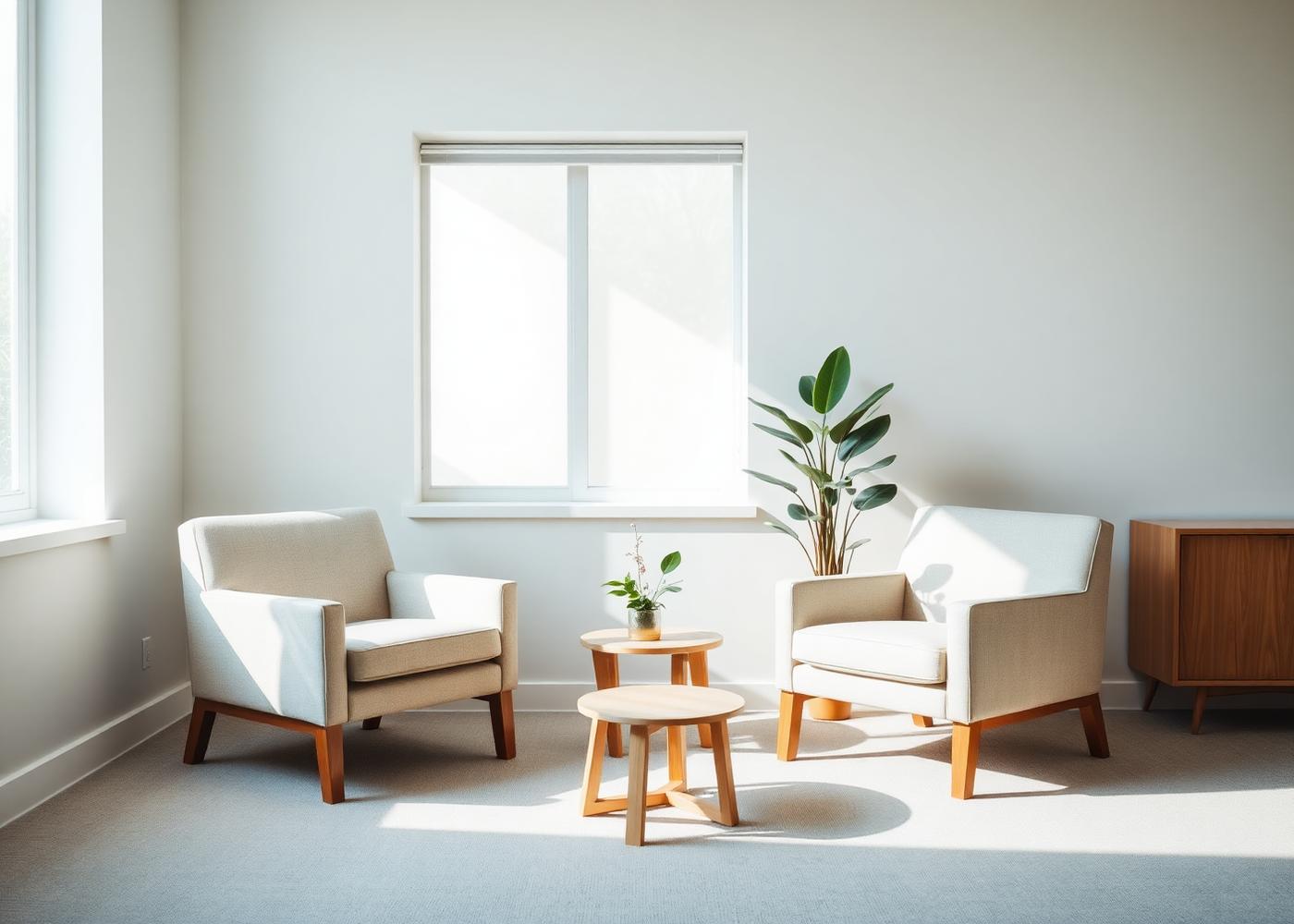 A bright, calm counseling office with two comfortable chairs and natural light